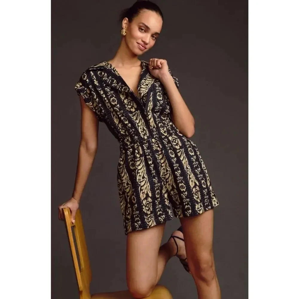 Tiny Anthropologie Ella Romper in Blue Motif Size M Tribal Print in Navy Beige